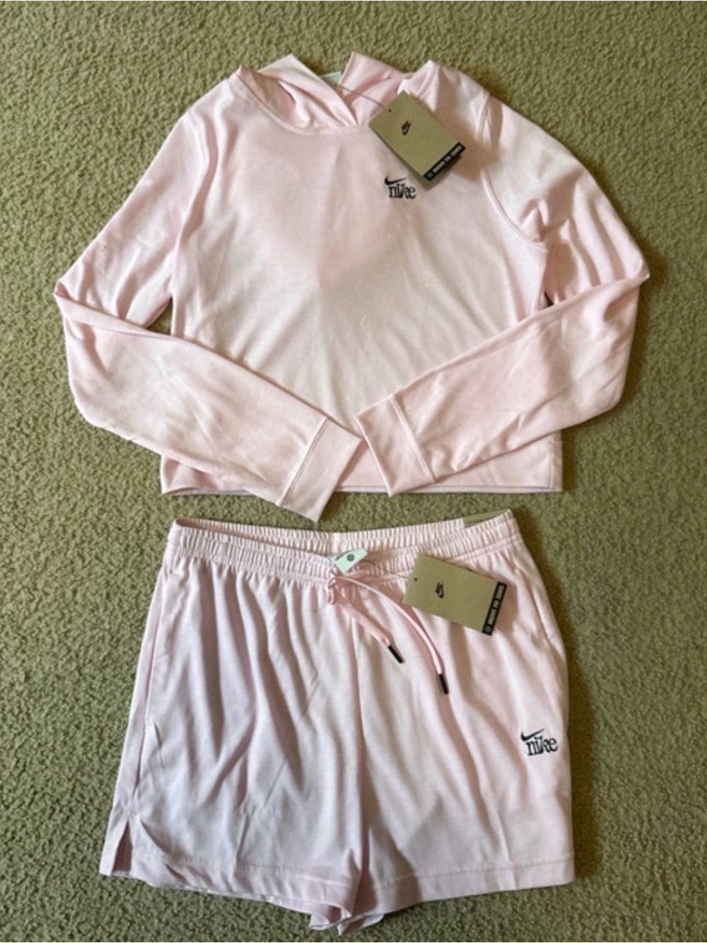 Nike Light Pink Hooded Crop Top and Drawstring Shorts Set